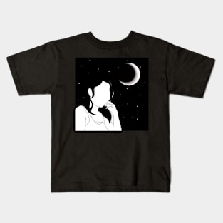 MINIMALIST PORTRAIT FACELESS GIRL MOON AND STARS BLACK AND WHITE Kids T-Shirt